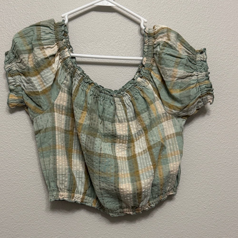 American Eagle Outfitters Plaid Blouse - Green and Cream
